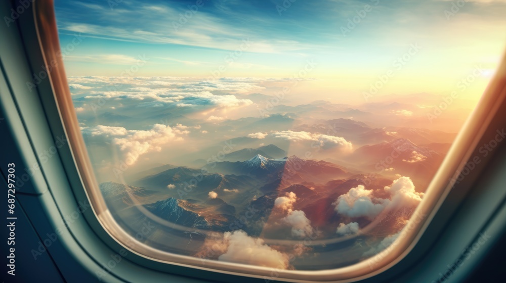 Beautiful landscape view from the airplane illuminator window. Travel concept background