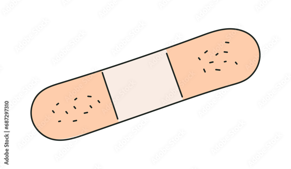 Isolated Plaster in Doodle style. Medical patch. Quick first aid for bruises. Beige Band-Aid. One item on a white background. Color image with outline. Vector illustration. Isolated Plaster in Doodle style. Medical patch. Quick first aid for bruises. Beige Band-Aid. One item on a white background. Color image with outline. Vector illustration.