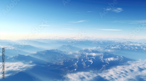 Beautiful landscape view from the airplane illuminator window. Travel concept background photo