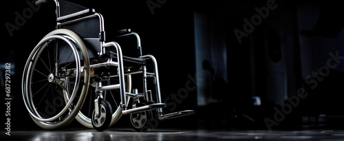 Alone in the Darkness: An empty wheelchair isolated on a black canvas, conveying a sense of solitude and the challenges faced in the absence of mobility
