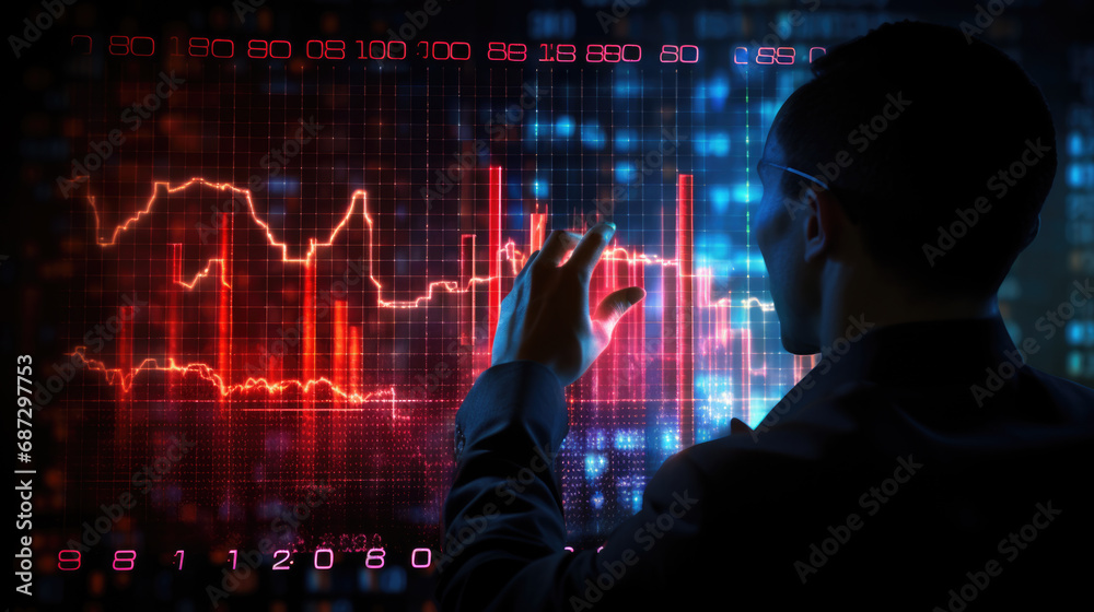 Person in a business suit pointing at a futuristic digital stock market chart, indicating various data points and trends. Person in a business suit pointing at a futuristic digital stock market chart, indicating various data points and trends.