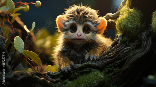 A cute monkey lives in a natural forest. Cute baby monkey playing. generative ai