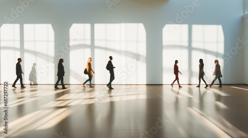 Busy indoor scene with blurred figures of people in motion