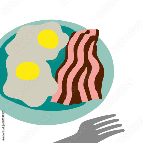 Hand drawn food illustration of fried egg and bacon on a blue plate. Isolated on white background.

