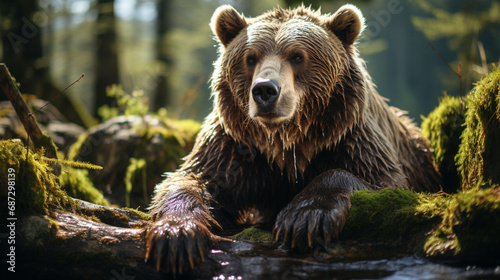 A brown bear in the forest. Wild Brown Bear Ursus Arctos. Animal in natural habitat. generative ai