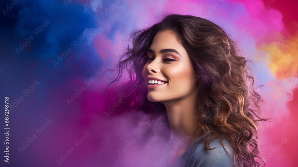 Portrait of young european fashionable female model, shot from the side, smiling, looking to the side, vibrant smoke bomb background