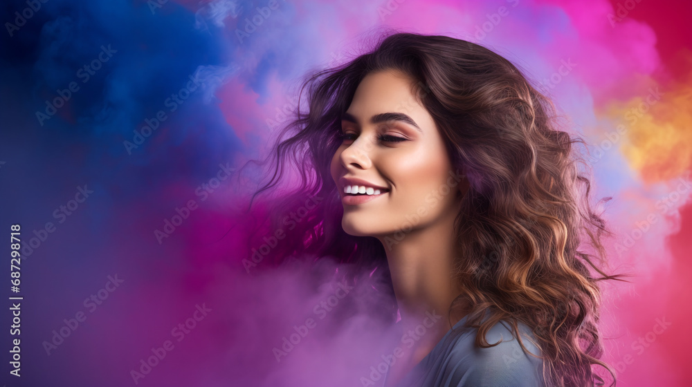 Portrait of young european fashionable female model, shot from the side, smiling, looking to the side, vibrant smoke bomb background Portrait of young european fashionable female model, shot from the side, smiling, looking to the side, vibrant smoke bomb background