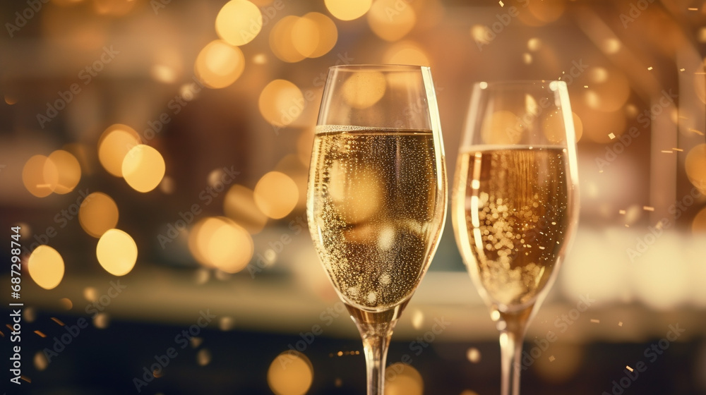 Champagne glasses surrounded by holiday lights and decorations, Capturing essence of Merry Christmas and Happy New Year celebration, AI Generated