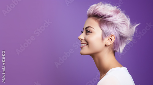 Portrait of young european fashionable female model, shot from the side, smiling, looking to the side, purple, background