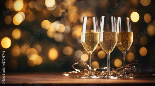 Champagne glasses surrounded by holiday lights and decorations, Capturing essence of Merry Christmas and Happy New Year celebration, AI Generated