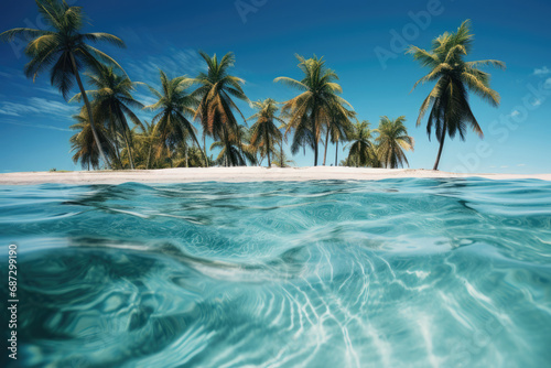 Idyllic tropical landscape, calm turquoise waters wash over white sandy beach adorned with tall, elegant palm trees.Tourism and travel.Rest and relaxation.Paradise Locations.Eco-Tourism.Web background