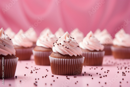 Wallpaper of Neatly Aligned Pink Cupcakes on a pink Background with copy space- Sweet Composition Concept