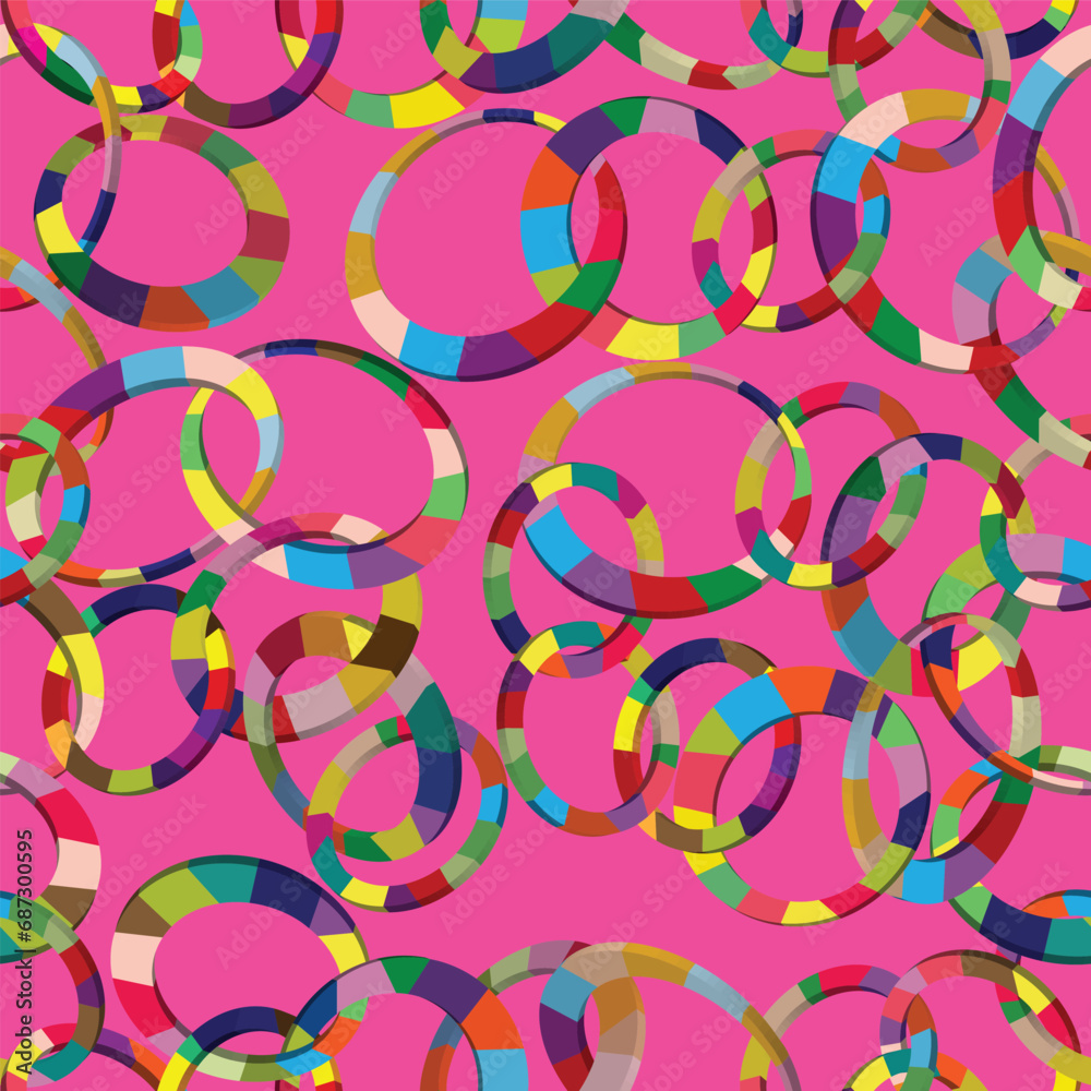 Tangled colorful 3d circles seamless pattern on pink background Tangled colorful 3d circles seamless pattern on pink background