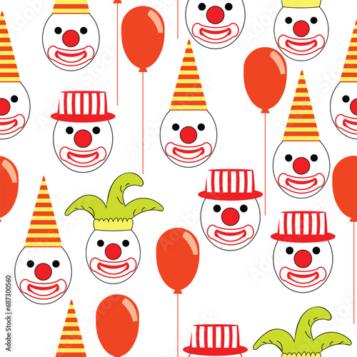 Seamless pattern with round clown faces with hats and baloons