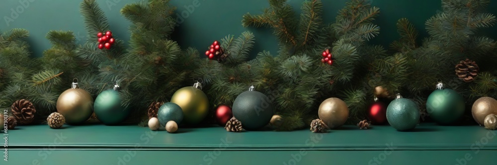 Background top table scene with red and green Christmas balls decoration and spruce branches on green background. Background top table scene with red and green Christmas balls decoration and spruce branches on green background.