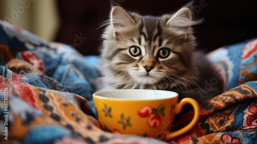 Cute cat sitting near cup and bakery in cozy home interior wallpaper background photo