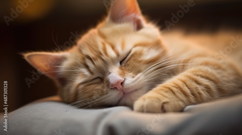 Cute cat sleeping resting at cozy home wallpaper background © Irina