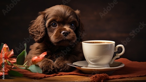 Cute dog sitting near cup and bakery in cozy home interior wallpaper background photo