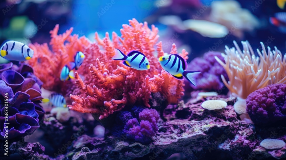 Obraz premium Sea coral reef with close up fish wallpaper background