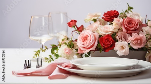 Table restaurant setting with flowers wallpaper background
