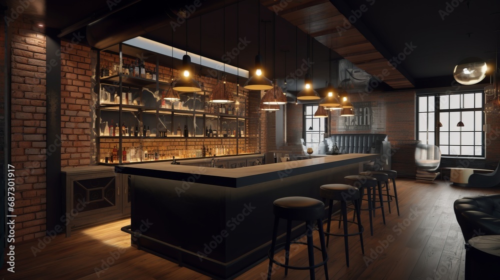 Loft style bar interior features industrial aesthetics with exposed brick, pipes, and open space. The design exudes a raw, urban charm, trendy and relaxed atmosphere for social gatherings and drinks.