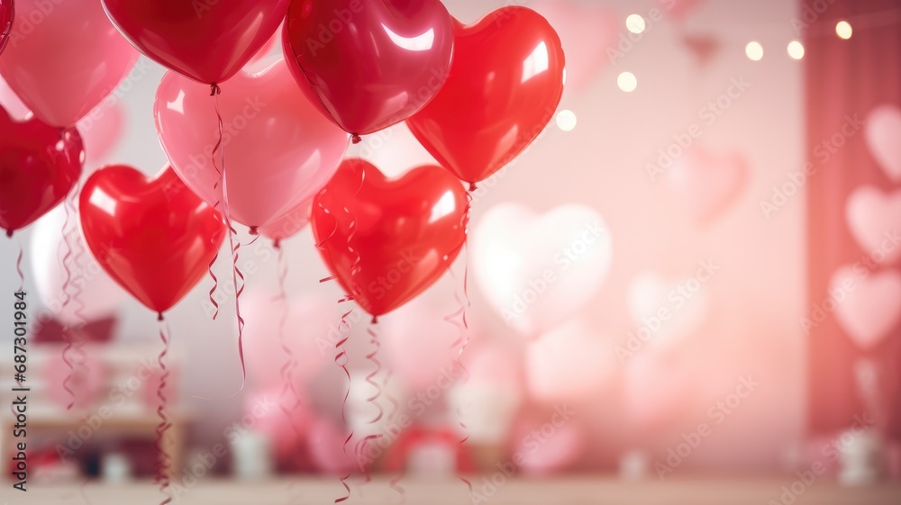 Cluster of red and pink heart-shaped helium balloons in a soft-lit room