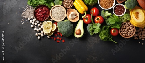 Balanced vegan diet with fiber rich ingredients for cooking top view Copy space image Place for adding text or design