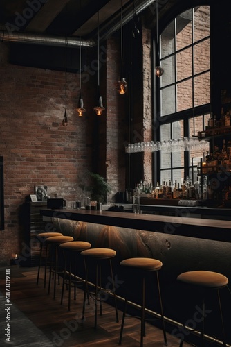 Loft style bar interior features industrial aesthetics with exposed brick, pipes, and open space. The design exudes a raw, urban charm, trendy and relaxed atmosphere for social gatherings and drinks.