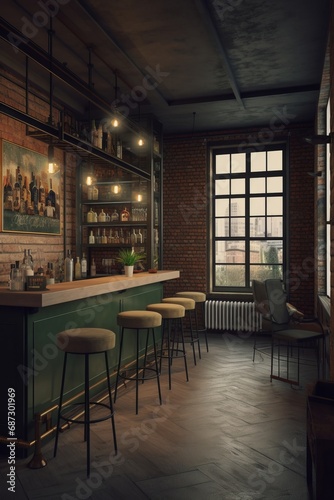 Loft style bar interior features industrial aesthetics with exposed brick  pipes  and open space. The design exudes a raw  urban charm  trendy and relaxed atmosphere for social gatherings and drinks.