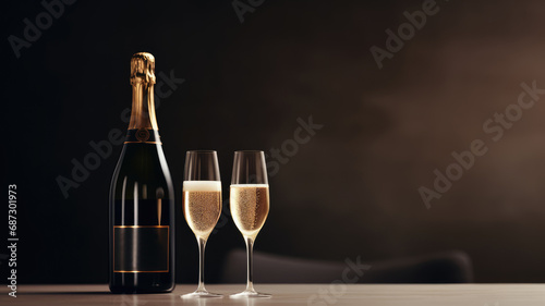 A bottle of champagne with two glasses on a dark background