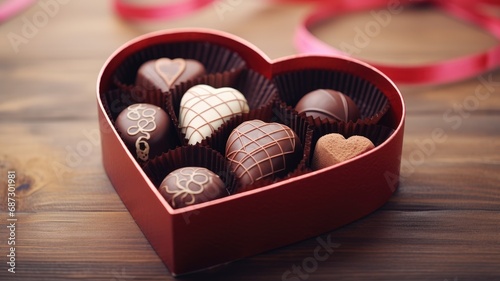 A heart-shaped box filled with various gourmet chocolates