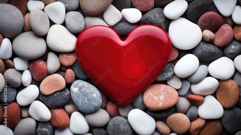 Smooth, multicolored pebbles surrounding a glossy red heart-shaped stone Smooth, multicolored pebbles surrounding a glossy red heart-shaped stone
