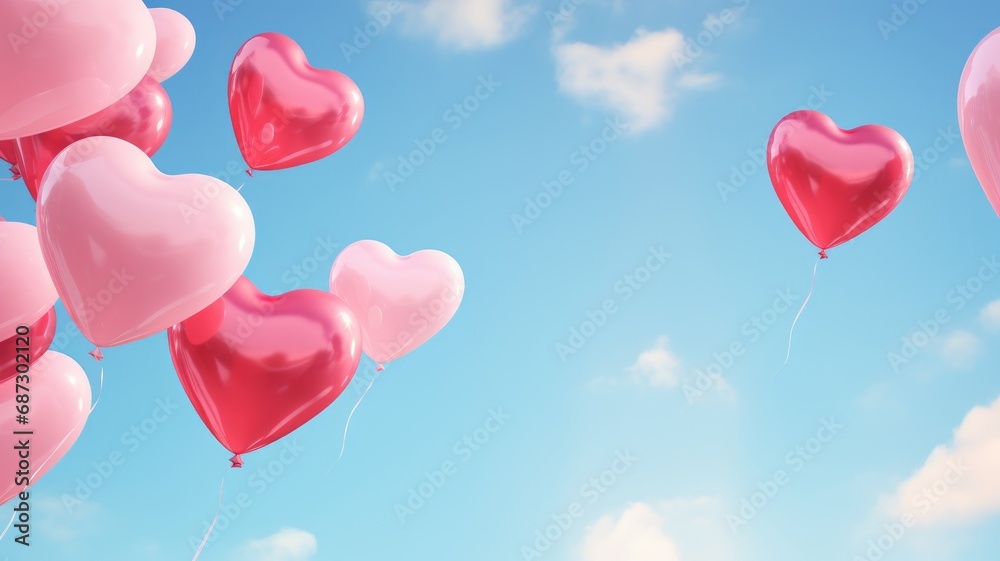 Pink and red heart-shaped balloons soaring into a sunny blue sky