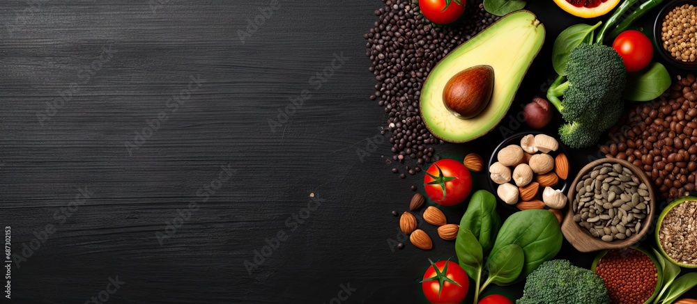 Balanced vegan diet with fiber rich ingredients for cooking top view Copy space image Place for adding text or design Balanced vegan diet with fiber rich ingredients for cooking top view Copy space image Place for adding text or design