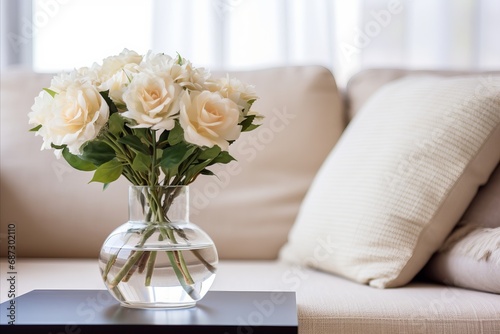 Modern Living Room with French Country Interior Design. Glass Vase and Flowers Near Beige Sofa