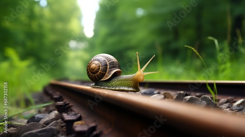 Snail on trail, funny animals, copy space, 16:9