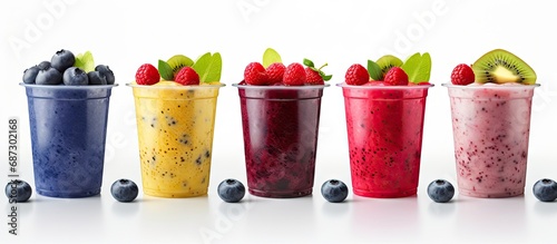 Assorted fruit smoothies in plastic cups isolated on white background Copy space image Place for adding text or design