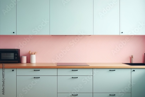 Scandinavian Pink Kitchen with Wood Countertop, Herringbone Tile Backsplash, and Pastel Blue Wall