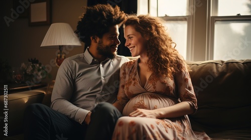 At home, eagerly awaiting their baby, a happy multiracial couple, she white and pregnant, he a relaxed black father tenderly embracing his wife with a loving gaze.
