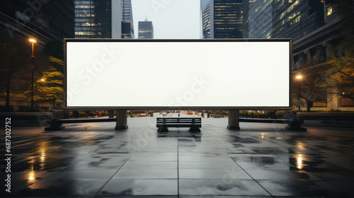 Empty urban billboard at dusk, with reflective wet pavement and cityscape backdrop, ideal for advertising mockups