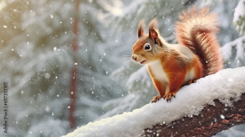 A curious red squirrel perches on a snow laden branch in a serene winter forest, its fluffy tail and bright eyes highlight its enchanting presence amidst falling snowflakes © AlexTroi