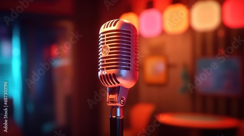  A vintage microphone illuminated by warm bokeh lights, capturing the essence of a classic music performance on stage