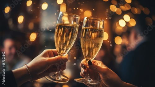 Two hands clinking champagne glasses against a festive backdrop with warm bokeh lights, celebrating a joyous occasion photo