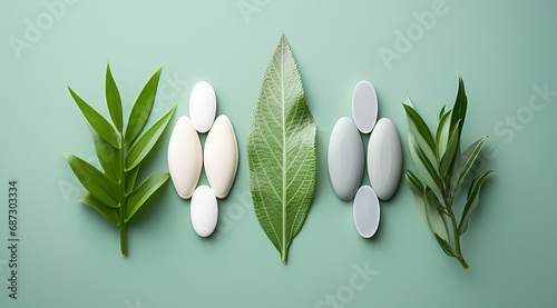 Colorful pharmaceutical pills and herbal leaves, scattered on a surface, in the concept of herbal and alternative medication. photo