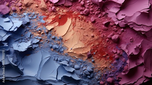 Fotografija A vivid canvas of crushed eyeshadows in shades of blue, beige, pink, and red, c