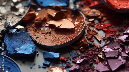 Close up of a shattered makeup palette with vibrant blue, red, purple, and brown eyeshadow powders spread across a surface photo