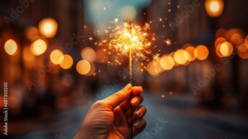 A hand holding a bright sparkler, with golden bokeh lights in the background, capturing the festive spirit of celebration