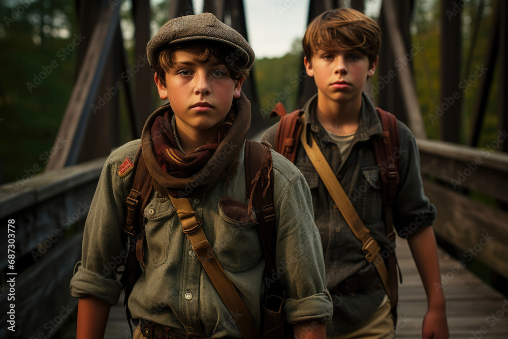 International Boy Scout Day Concept. Two Boy Scouts walk across the bridge with backpacks