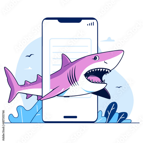 Cartoon shark getting out of a mobile phone, flat vector illustration.