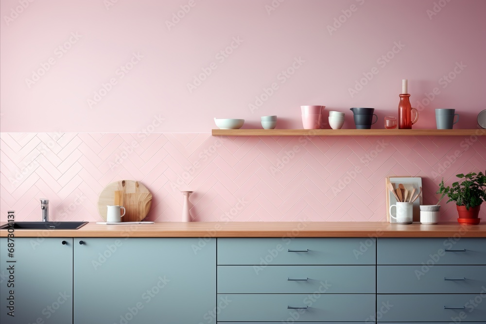 Scandinavian Pink Kitchen Cabinets with Wooden Countertop and Herringbone Tiled Backsplash Scandinavian Pink Kitchen Cabinets with Wooden Countertop and Herringbone Tiled Backsplash